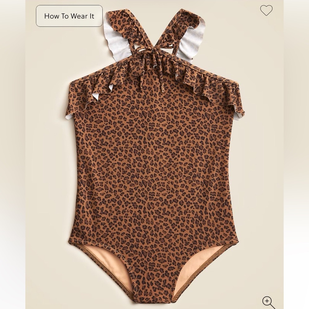 NWT J.Crew Crewcuts Girls' Ruffle Halter-Neck One-Piece Swimsuit- Brown Cheetah - Picture 1 of 7